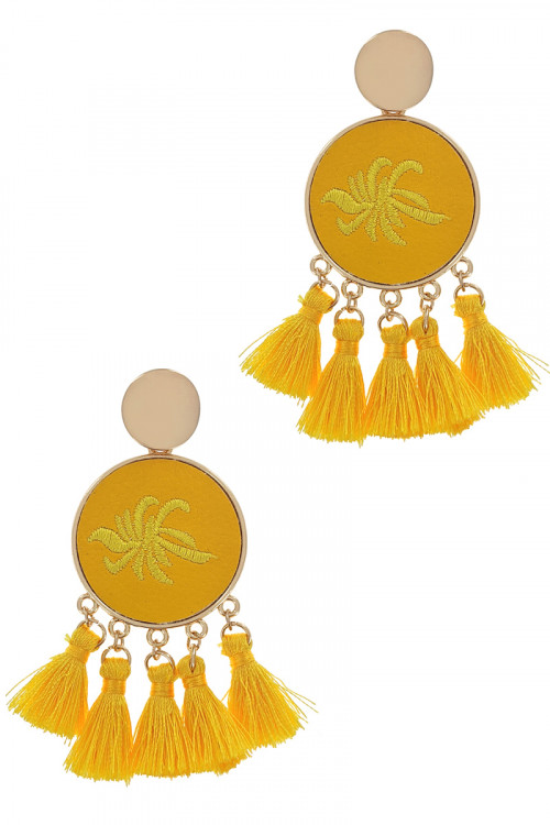 S1-8-4-LBE2347YE YELLOW ROUND EMBROIDERY TASSEL EARRINGS/3PAIRS