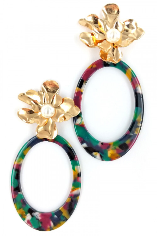 S1-1-4-LBE3122BKMU GOLD FLOWER PEARL WITH MULTICOLOR HOOP FASHION EARRINGS/3PAIRS