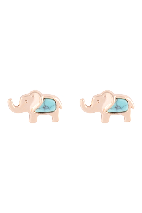 A2-1-2-E6611GD-TQS - ELEPHANT SEMI PRECIOUS POST EARRINGS - GOLD TURQUOISE/6PCS