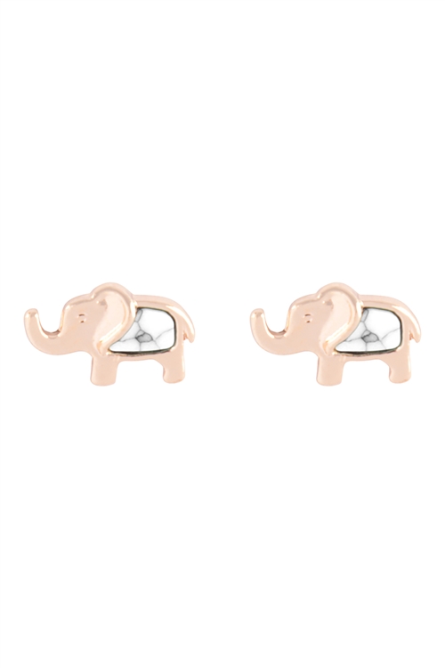 A2-1-2-E6611GD-WHT - ELEPHANT SEMI PRECIOUS POST EARRINGS - GOLD WHITE/6PCS