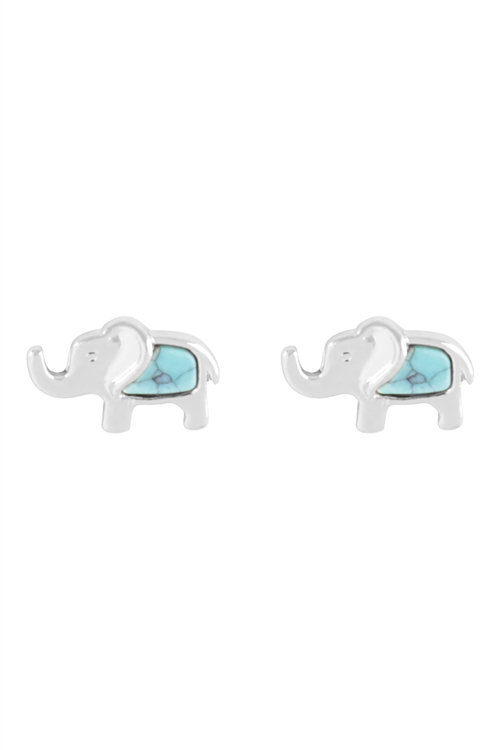 A2-1-2-E6611RD-TQS - ELEPHANT SEMI PRECIOUS POST EARRINGS - SILVER TURQUOISE/6PCS