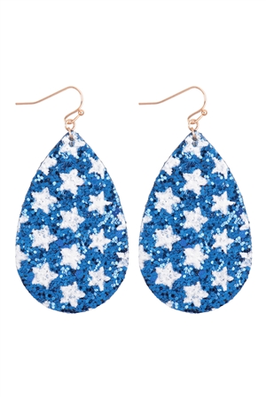 SA3-1-4-E6737BLU - TEARDROP STAR GLITTER DANGLE HOOK EARRINGS - BLUE/1PC