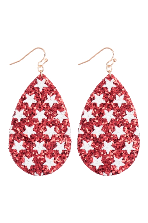 SA3-1-4-E6737RED - TEARDROP STAR GLITTER DANGLE HOOK EARRINGS - RED/6PCS