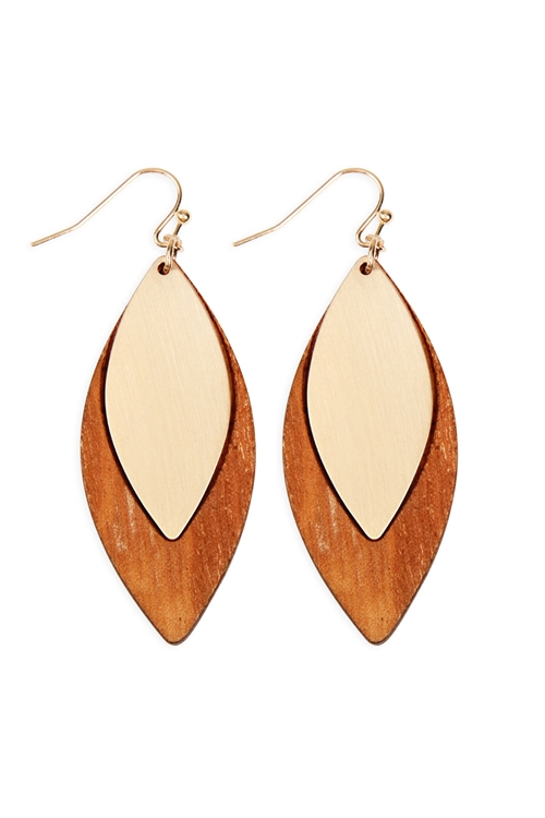 S6-4-1-E6794GD-BRW - SATIN METAL WOOD EARRINGS - GOLD BROWN/1PC