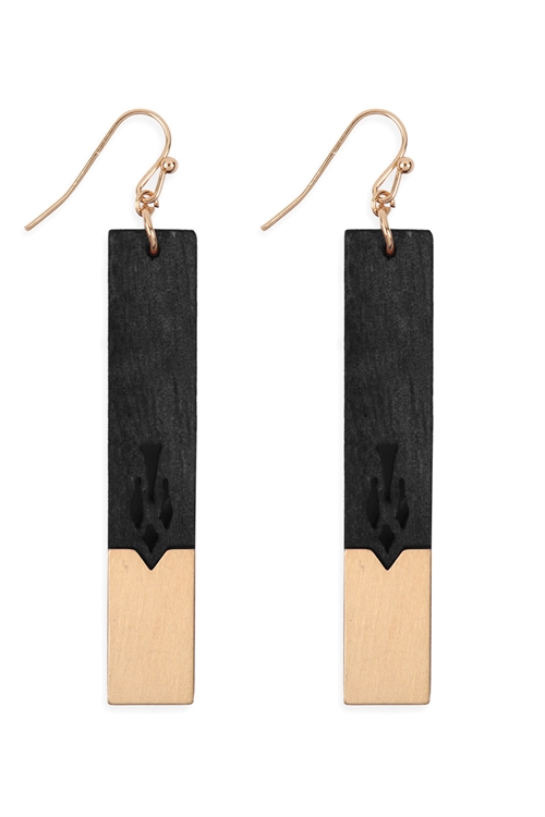 S25-6-2-E6797GD-BK-SATIN METAL WOOD BAR HOOK DROP EARRINGS-BLACK/6PCS