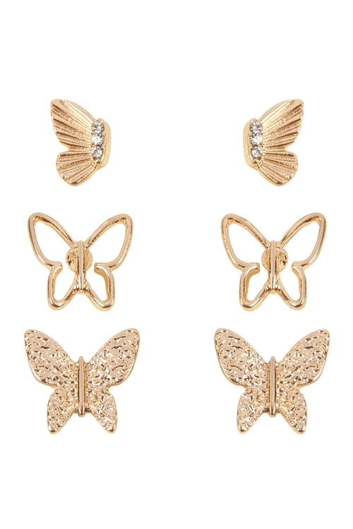 S4-5-3-E6842GD - BUTTERFLY 3 SET METAL EARRINGS - GOLD/1PC