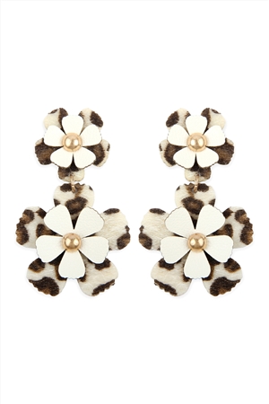 A2-1-3-E6847WG-WLEO - FLOWER LEATHER POST DROP EARRINGS-WHITE LEOPARD/1PC