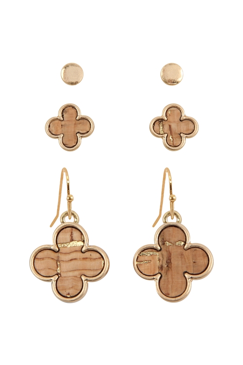 SA4-2-3-E6856WG-LBR - 3 SET CORK CLOVER EARRINGS - LIGHT BROWN/1PC