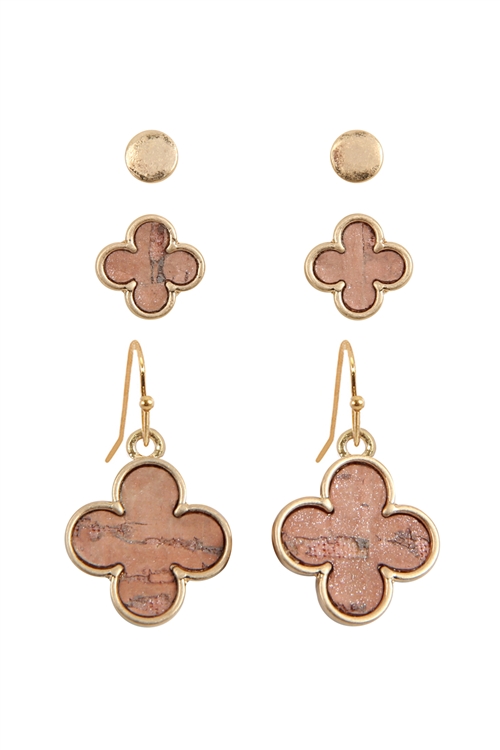 S25-4-2-E6856WG-PNK - 3 SET CORK CLOVER EARRINGS - PINK/1PC