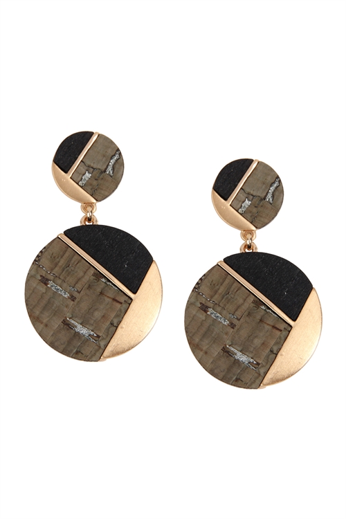 S22-9-2-E6887GD-GRY - CORK WOOD METAL GEOMETRIC CIRCLE POST EARRINGS - GRAY/6PAIRS