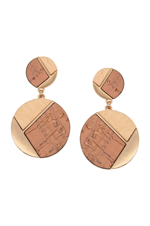 S22-11-5-E6887GD-PNK - CORK WOOD METAL GEOMETRIC CIRCLE POST EARRINGS - PINK/6PAIRS