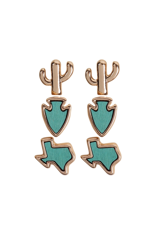 S17-12-5-E6902GD-TQS- 3 SET TEXAS MAP CACTUS STUD POST EARRINGS-TURQUOISE/6PCS