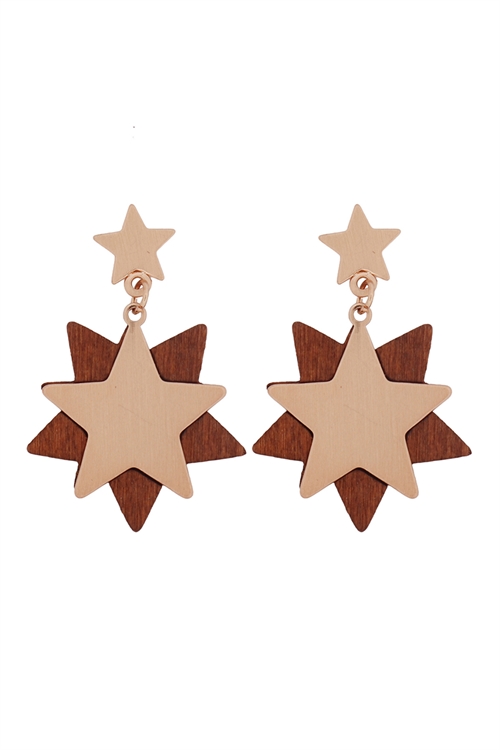 S-22-12-5-E6919BRW - STARRY WOOD DANGLE POST EARRINGS-BROWN GOLD/6PCS