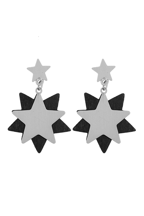 S-22-12-5-E6919SV-BK -STARRY WOOD DANGLE POST EARRINGS-SILVER BLACK/6PCS