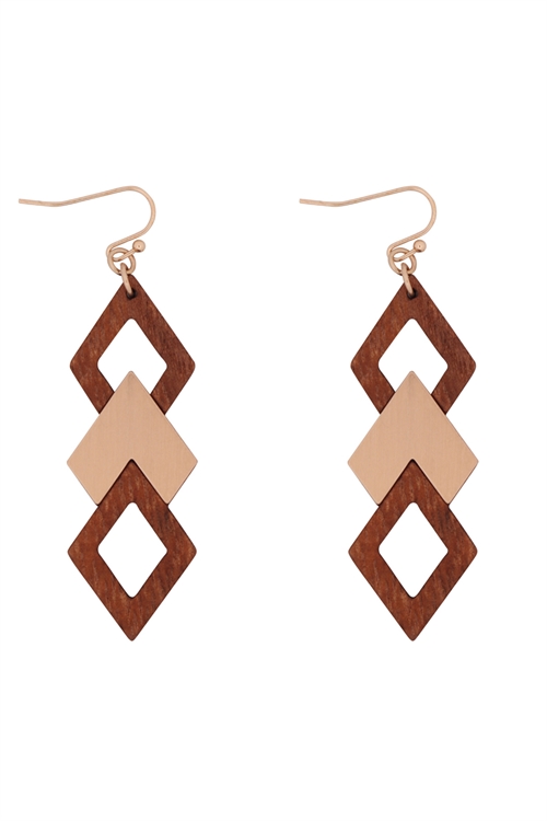 S22-11-5-E6920BRW - WOOD SATIN EARRINGS-BROWN/6PAIRS