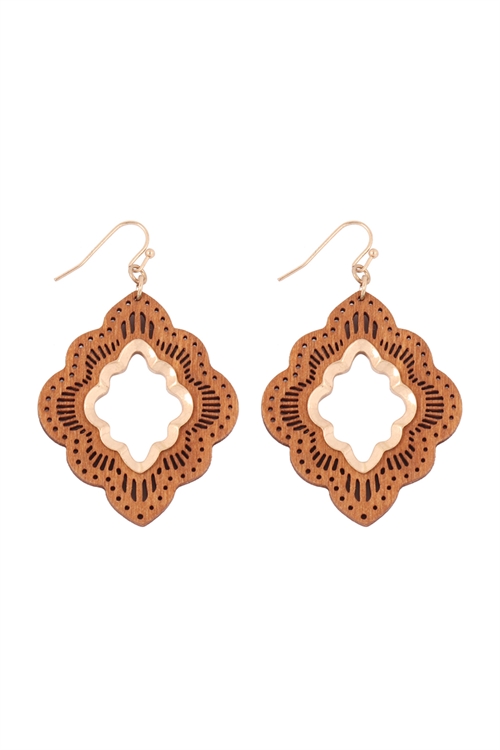 S22-11-5-E6924BRW - MOROCCAN WOOD LASER FILIGREE DROP EARRINGS - MATTE GOLD BROWN/6PAIRS