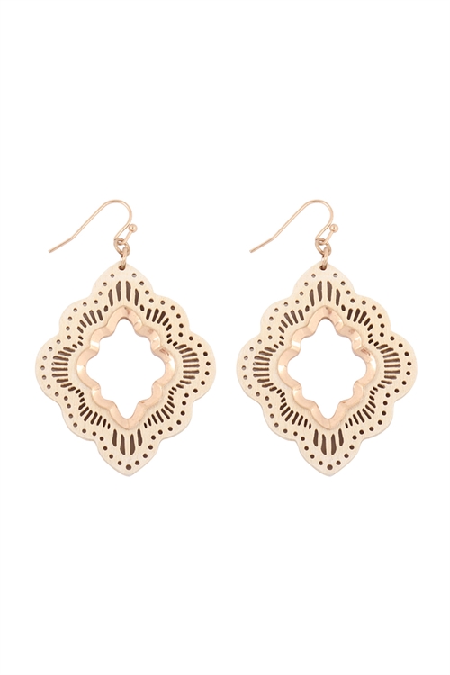 S22-11-5-E6924CRM - MOROCCAN WOOD LASER FILIGREE DROP EARRINGS - MATTE GOLD CREAM/6PAIRS