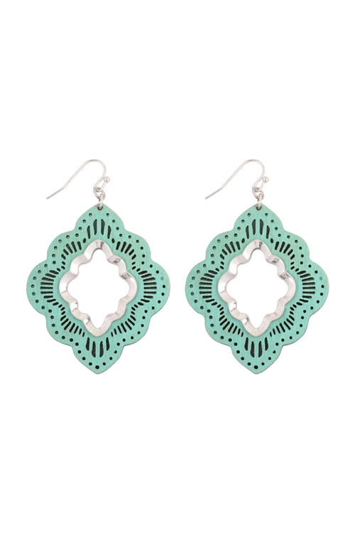 S22-11-5-E6924WS-TQS - MOROCCAN WOOD LASER FILIGREE DROP EARRINGS - MATTE SILVER TURQUOISE/6PAIRS