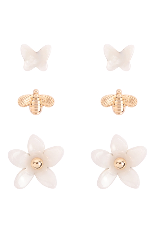 A1-3-3-E6987IVY - ACETATE 3SET BUTTERFLY AND BEE EARRINGS - IVORY/6PCS