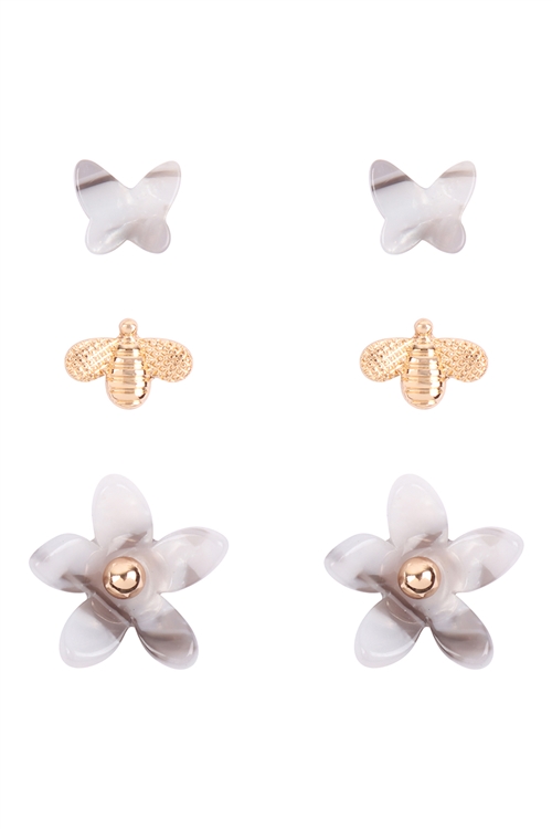 A1-2-2-E6987M6 - ACETATE 3SET BUTTERFLY AND BEE EARRINGS - GREY/6PCS (NOW $1.25 ONLY!)