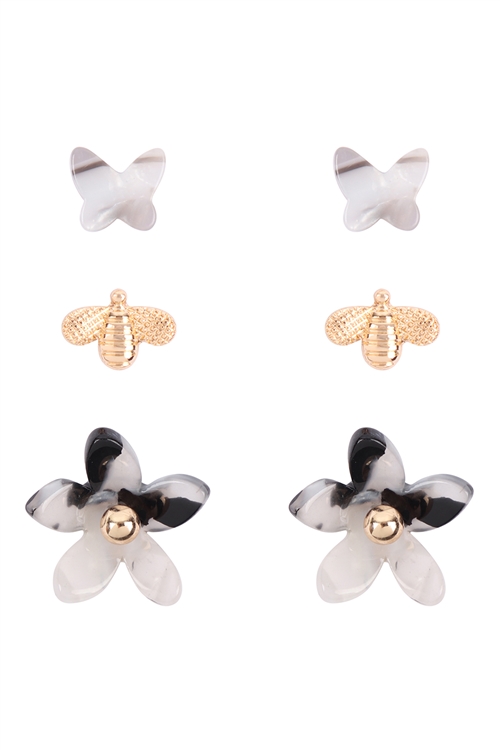 A1-3-3-E6987M7 - ACETATE 3SET BUTTERFLY AND BEE EARRINGS - BLACK/6PCS (NOW $1.25 ONLY!)