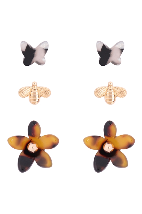 A1-3-3-E6987TOR - ACETATE 3SET BUTTERFLY AND BEE EARRINGS - TORTOISE/6PCS (NOW $1.25 ONLY!)