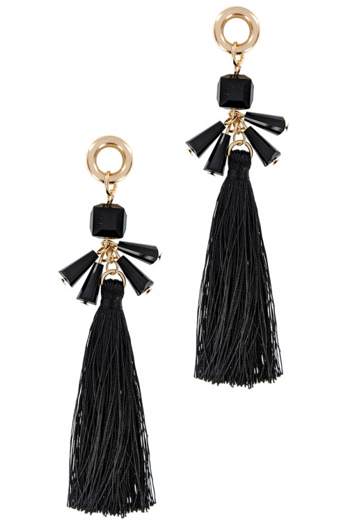 S1-6-4-LBE7392JT JET BLACK TASSEL WITH BEADS FASHION EARRINGS/3PAIRS