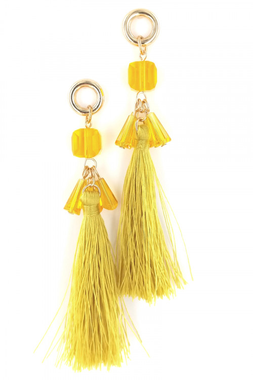 S1-6-4-LBE7392MS YELLOW MUSTARD COLOR TASSEL WITH BEADS EARRINGS/3PAIRS