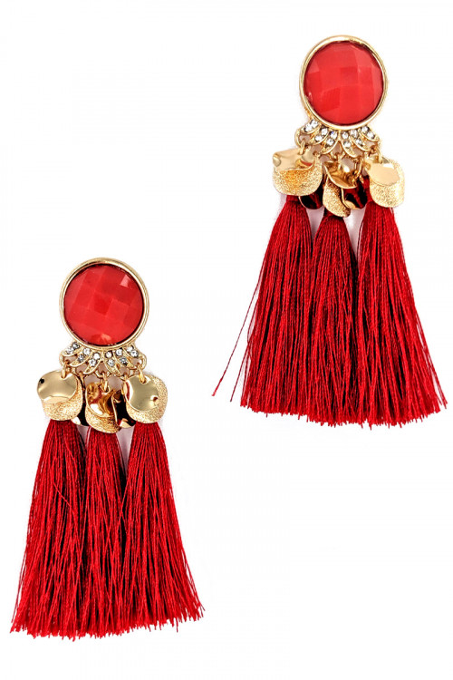 S1-2-4-LBE7407RD RED TRIPPLE TASSEL FASHION EARRINGS/3PAIRS