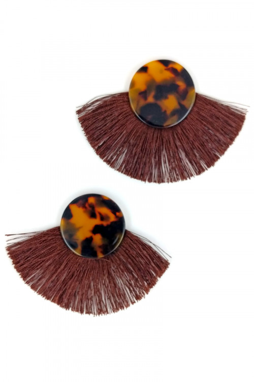 S1-2-3-LBE7408BR TURTOISE BUTTON STYLE WITH BROWN TASSEL EARRINGS/3PAIRS
