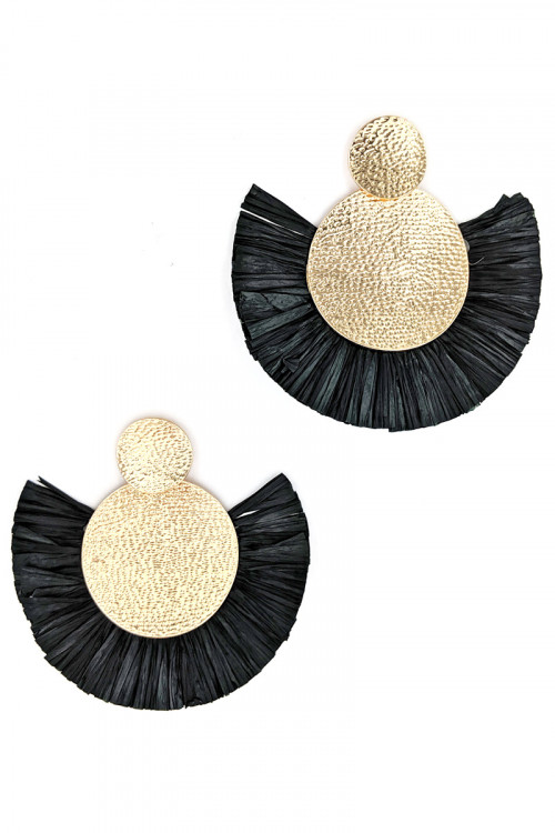 S1-3-4-LBE7415BK BLACK GOLD HAMMER STYLE BLACK RAFFIA EARRINGS/3PAIRS