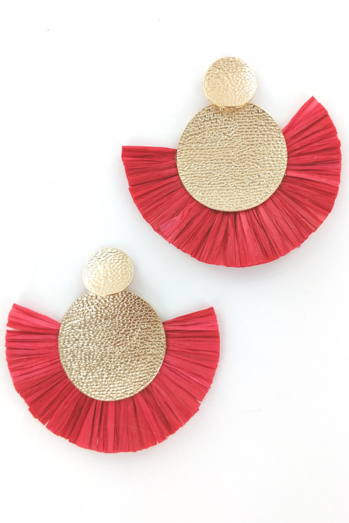 S1-1-3-LBE7415RD/RE RED GOLD HAMMER STYLE RED RAFFIA EARRINGS/3PAIRS