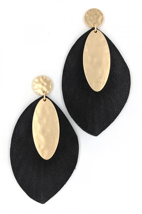 S1-2-3-LBE7479BK BLACK VEGAN LEATHER WITH MATTE GOLD FAHION EARRINGS/3PAIRS