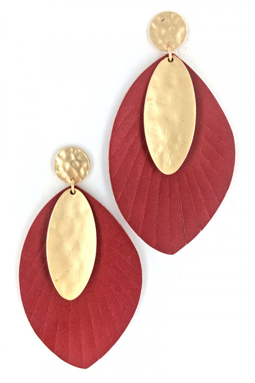 S1-1-1-LBE7479RD RED VEGAN LEATHER WITH MATTE GOLD FASHION EARRINGS/3PAIRS