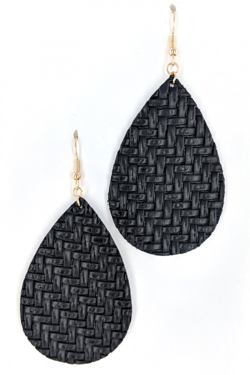 S1-1-3-LBE7480BK BLACK BRAIDED LEATHER LEAF EARRINGS/3PAIRS