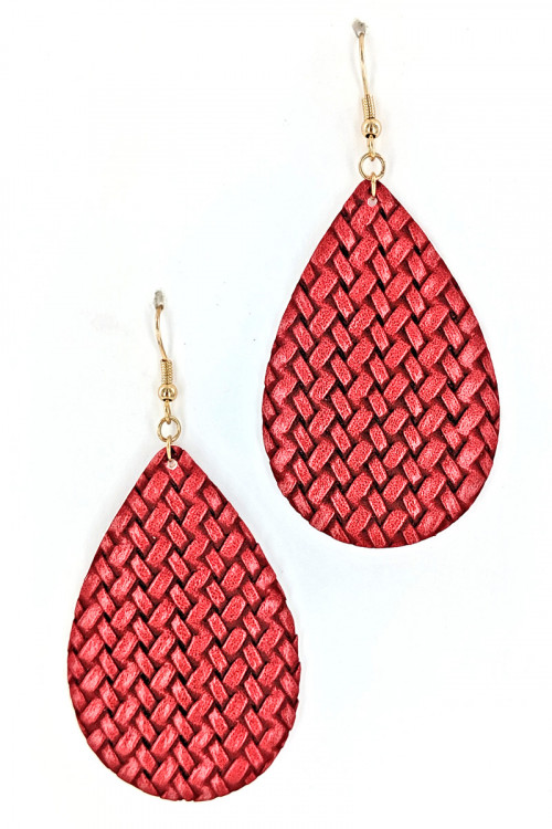 S1-2-4-LBE7480RD RED LEAF BRAID PATTERN LEATHER FASHION EARRINGS/3PAIRS