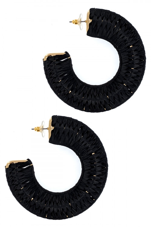 S1-3-3-LBE7486BK BLACK HOOP BRAIDED RAFFIA EARRINGS/3PAIRS