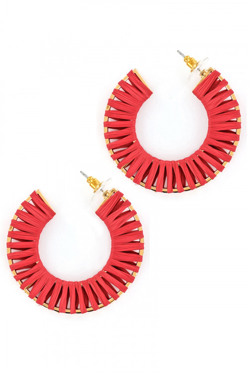 S1-3-2-LBE7488RD RED GOLD HOOP RAFFIA EARRINGS/3PAIRS