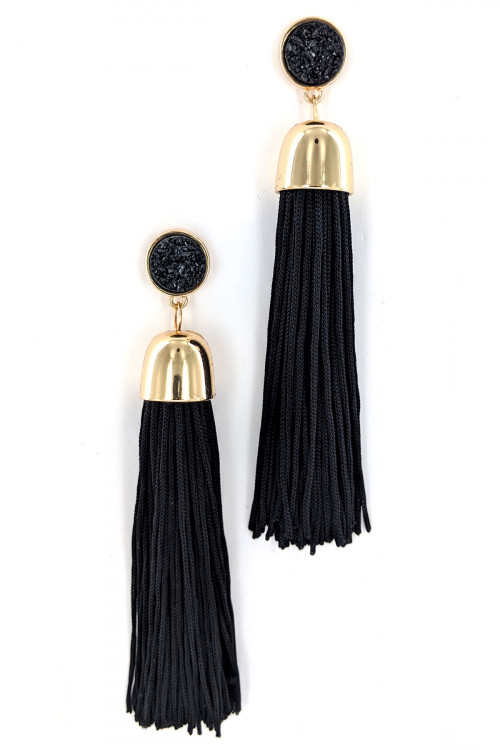 S1-3-3-LBE7885BK BLACK LONG FASHION TASSEL WITH NATURAL STONE EARRINGS/3PAIRS
