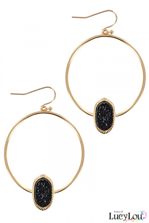 S1-2-2-LBE7897JT BLACK DRUZY STONE HOOP EARRINGS/3PAIRS