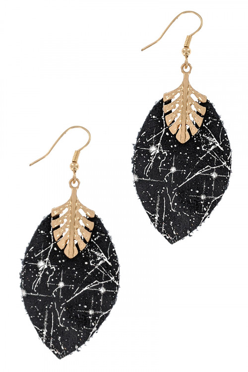 S1-1-3-LBE7926BK BLACK LEATHER & GOLD LEAF DROP EARRINGS/3PAIRS