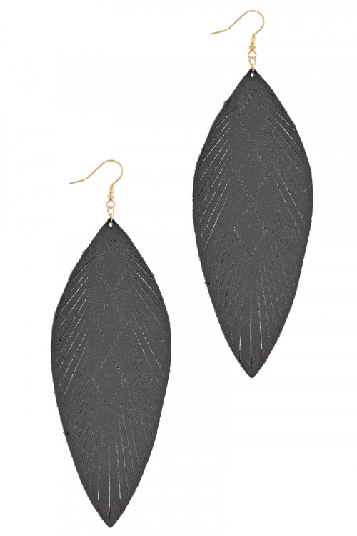 S1-6-2-LBE7928JT JET BLACK LONG LEATHER LEAF STYLE EARRINGS/3PAIRS