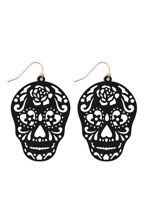 S24-1-4-E7933BK- (HALLOWEEN) SKULL COLOR COATING FILIGRREE EARRINGS-BLACK/1PC