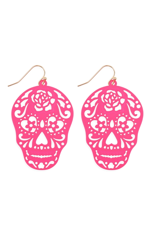 S24-1-4-E7933NPK - (HALLOWEEN) SKULL COLOR COATING FILIGRREE EARRINGS-NEON PINK/1PC