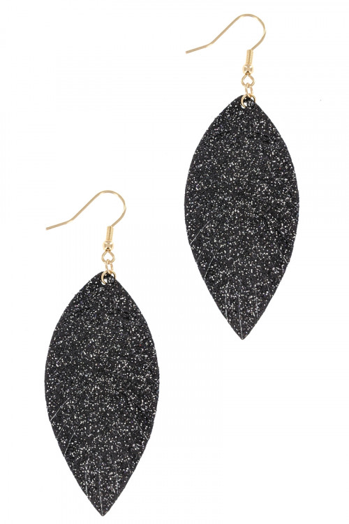 S1-5-1-LBE7935JT JET BLACK VEAGAN LEATHER FASHION LEAF TEAR DROP EARRINGS/6PAIRS