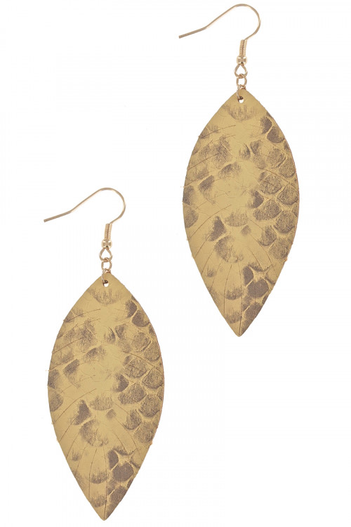 S1-5-2-LBE7935MS MUSTARD VEAGAN LEATHER FASHION LEAF TEAR DROP EARRINGS/6PAIRS