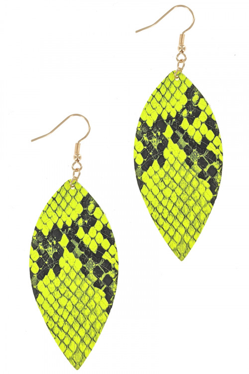 S1-1-3-LBE7935YL YELLOW NEON ANIMAL PRINT LEAF DROP EARRINGS/3PAIRS