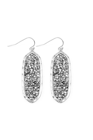 S22-2-4-E8318WSV-RD- GLITTER FACETED OVAL DROP EARRINGS - RHODIUM/1PC