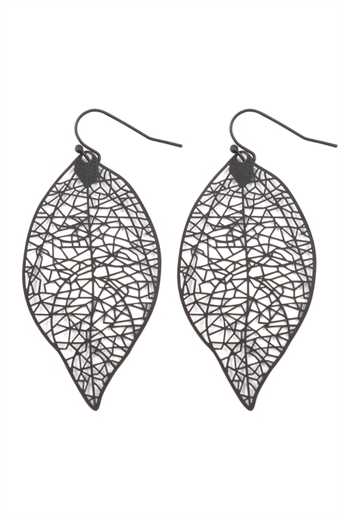 S17-12-4-E8911BK - LEAF FILIGREE DANGLING EARRINGS - BLACK/1PC