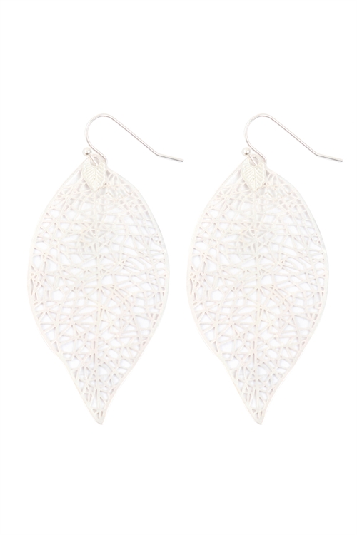 S17-12-4-E8911MS - LEAF FILIGREE DANGLING EARRINGS - MATTE SILVER/1PC